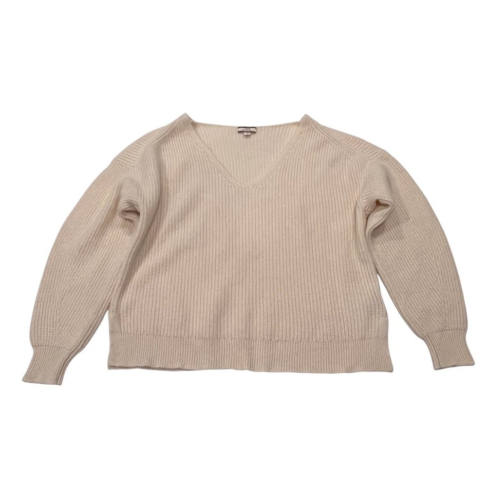 J Crew V-neck Relaxed Fit Rib Knit Cashmere Sweater, Ivory, S